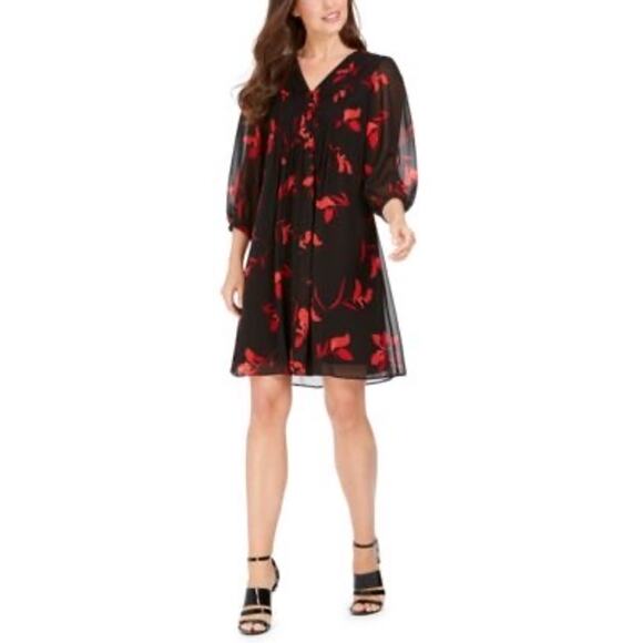 Ann Taylor Rlack Red Floral Short Sleeve Shift Dress Size 12 - Picture 1 of 8
